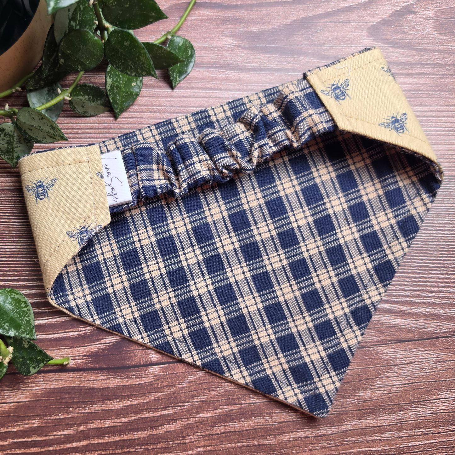 Navy Plaid Bee Scrunchie Pet Bandana