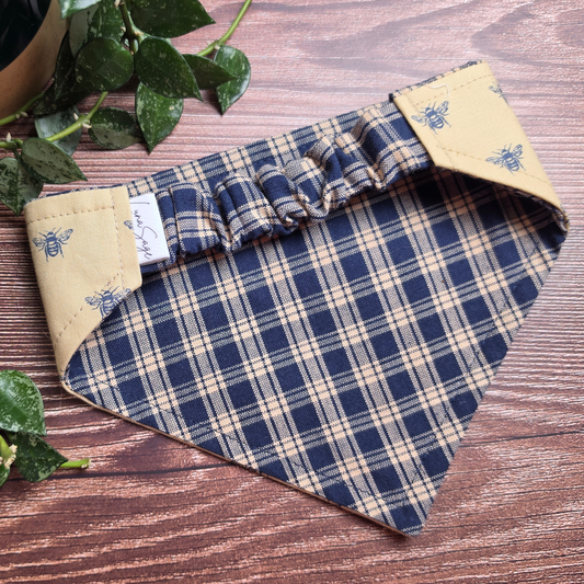 Navy Plaid Bee Scrunchie Pet Bandana